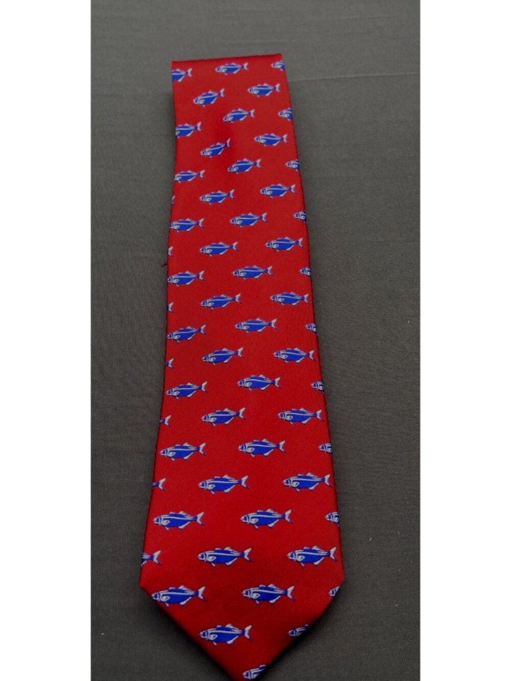 Rivetz Of Boston Red Blue Fish Print Silk Handmade Vintage Necktie